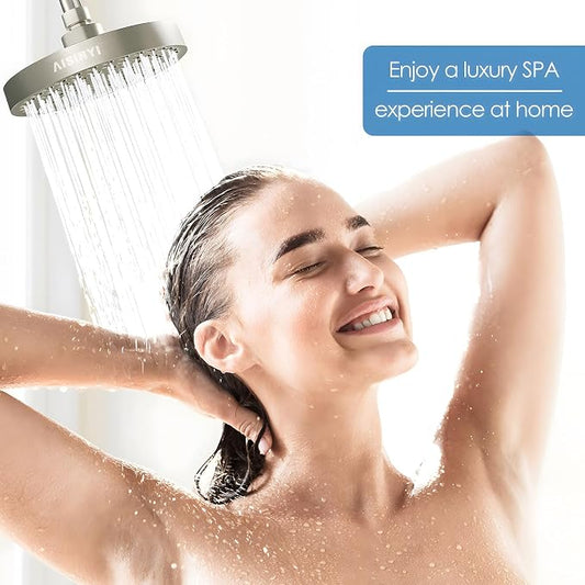 6" High Pressure Rain Shower Head, Luxury Brushed Nickel Finish | 6 Inch Fixed Bathroom Showerhead, Adjustable Replacement, 90 Anti-Clog Nozzles, Removable Restrictor, Tool-Free Easy Install
