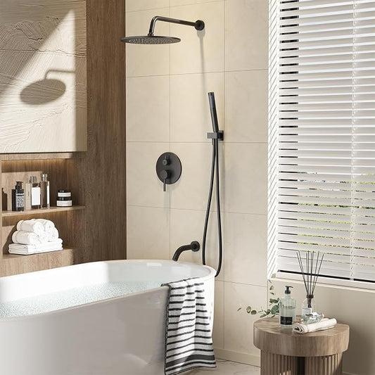 Gabrylly Shower System, 10" Bathtub Shower Faucets Set, Matte Black | All Metal Rain Shower Head with Handheld Spray Combo and Tub Spout, Luxury Bathroom Rainfall Shower Head Set With Valve