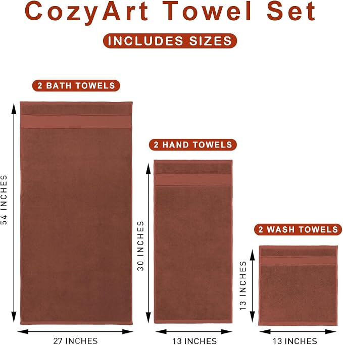 COZYART Bath Towel Set 6 PCS, Luxury 100% Turkish Cotton 650GSM Ultra Soft | Absorbent Quick Dry, OEKO‑Tex 100 Cert. Zero Twist Ring Spun Cotton, Plush Fluffy, Breathable Hotel Quality Bathroom Towels