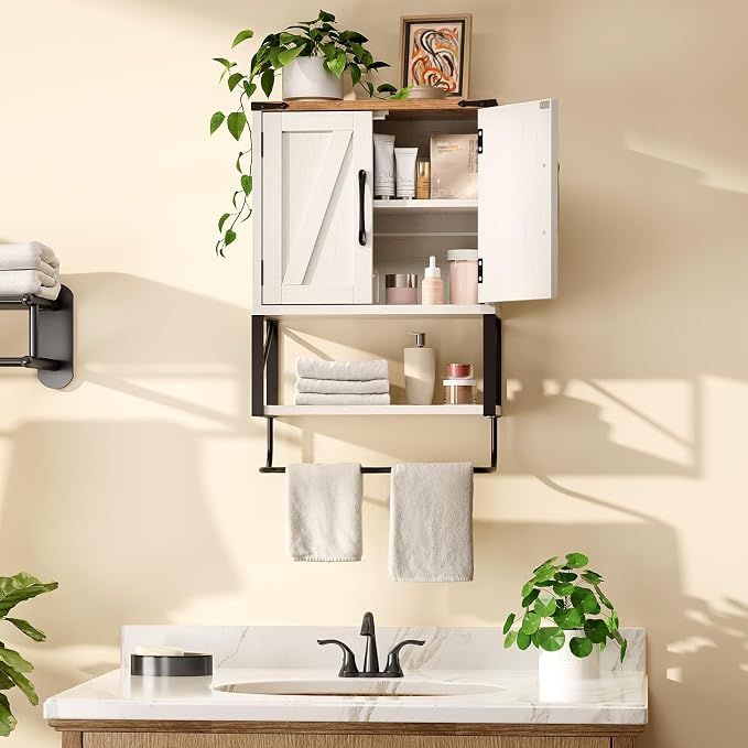 Bonnlo Wall Cabinet Farmhouse with Tower Bar Small Bathroom Medicine Cabinet Over Toilet Storage Organizer with Tower Bar Wall Mounted for Bathroom Kitchen Rustic White & Brown