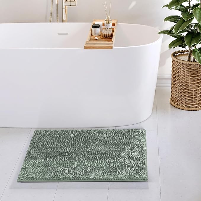 Hearth & Harbor Bathroom Rugs, Chenille Bath Mat - Machine Washable Bath Mats for Bathroom Non-Slip Backing Rubber, Quick Dry Bathroom Mat, 17 x 24 - Ice Green