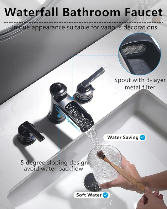 Fapully Oil Rubbed Bronze Bathroom Sink Faucet, Waterfall Bathroom Faucets | 3 Hole 8 Inch Widespread Bathroom Faucet with Pop-up Drain, 2-Handle Faucet for Bathroom Sink, Llave De Lavamanos De Baño