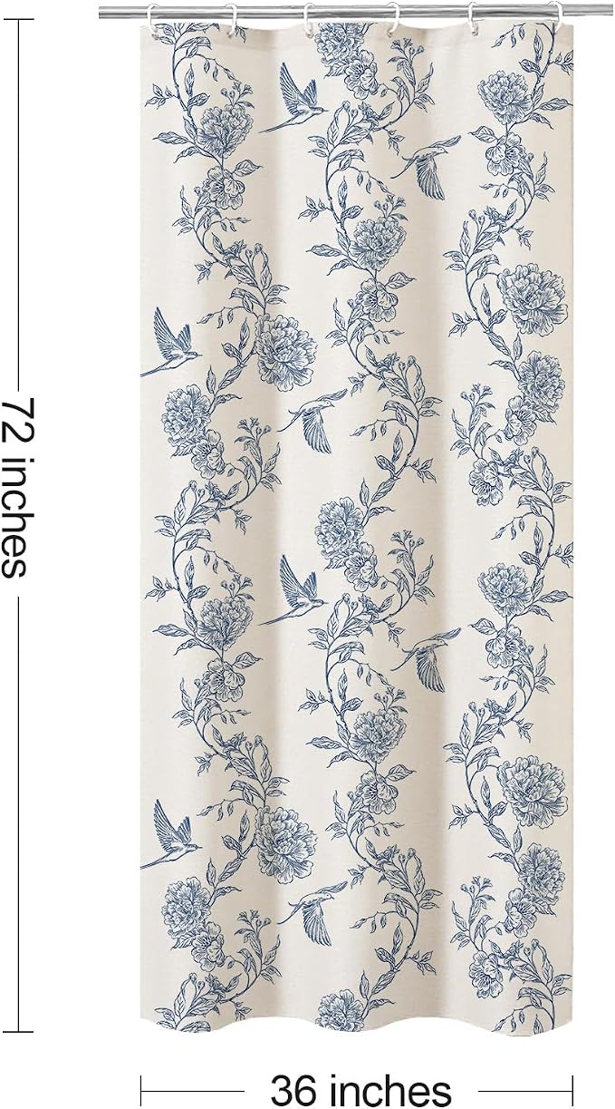 MitoVilla Small Stall Blue Cotton Shower Curtain for Bathroom,36 x 72 | Narrow Half Cottagecore Hummingbird Spring Shower Curtains, Modern Farmhouse Country Floral Bathroom Décor, 36 x 72