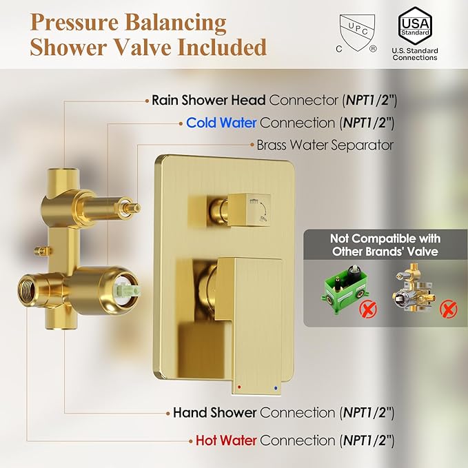 Shower System, Gold Shower Faucet Set with Shower Valve and Trim Kit, 12 Inch Rain Shower Head with Handheld Spray, Brushed Gold Shower Head and Handle Set, High Pressure Shower Head System