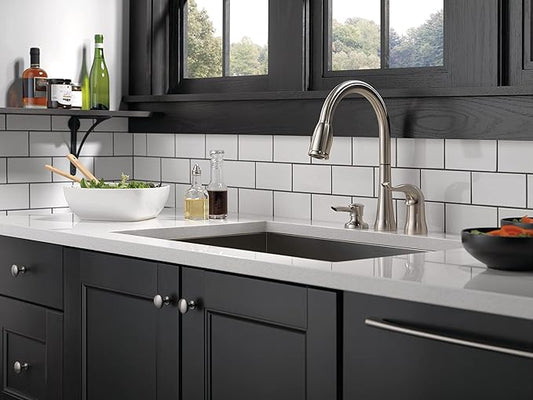 Delta Kate Brushed Nickel Kitchen Faucet with Pull Down Sprayer and Soap Disperser, Modern Two Hole Kitchen Sink Faucet, Single Handle, Stainless 16970-SSSD-DST