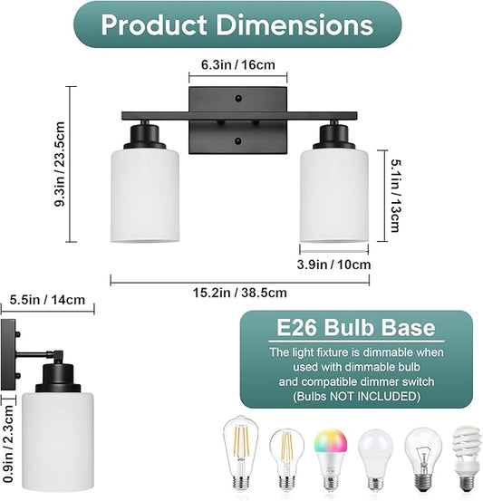 Ascher Bathroom Light Fixtures, 2-Light Vanity Light Over Mirror, Matte Black Wall Sconces with Milky White Frosted Glass Shades, Wall Lamp for Living Room Bedroom, E26 Base(Bulbs Not Included)