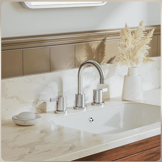 Widespread 8 Inch Lead-Free Brushed Nickel Stain-Resistant Bathroom Faucet(Stainless Steel), 2 Handle 3 Hole Swivel Spout RV Bathroom Vanity Sink Faucet with Metal Drain & Supply line, BF03042-K01-GBN