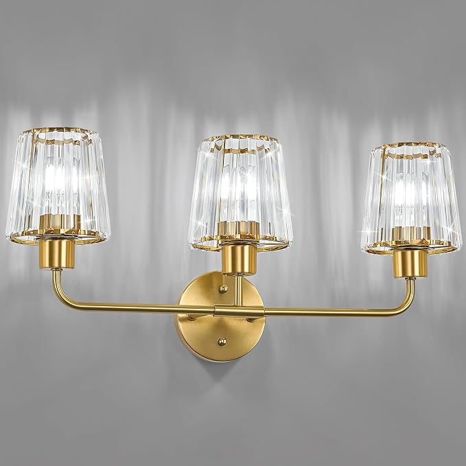 Brushed Gold Vanity Lights, 3-Light Crystal Bathroom Light Fixtures | Modern Bathroom Vanity Light E26 Wall Light over Mirror (Exclude Bulb)