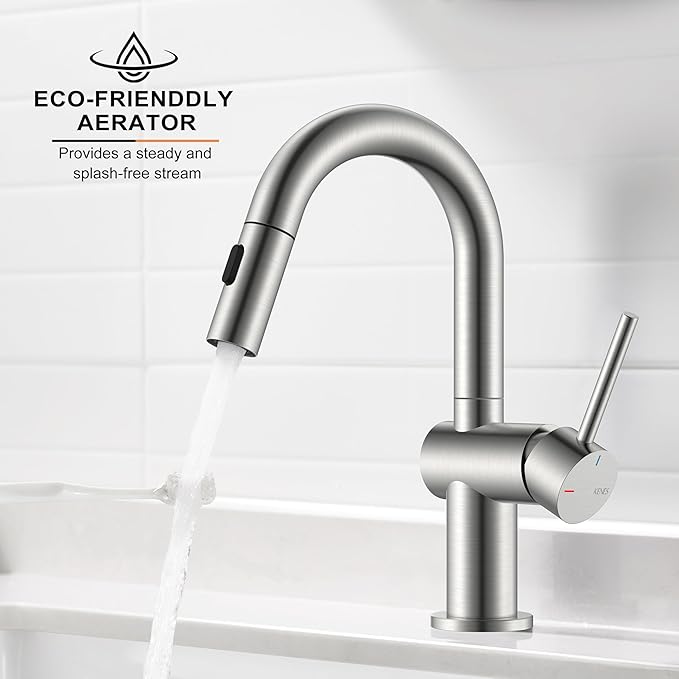 KENES Brushed Nickel Bathroom Faucet with Pull Down Sprayer, Single Handle Bathroom Sink Faucet with Pull Out Sprayer, Vanity Faucet with Pop Up Drain & Deck Plate, KE-9065B