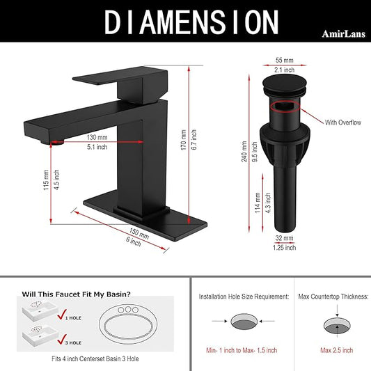 Black Faucet Bathroom, Stainless Steel Matte Black Bathroom Faucet Single Hole with Pop Up Drain, Single Handle Faucet AML-1141-BK