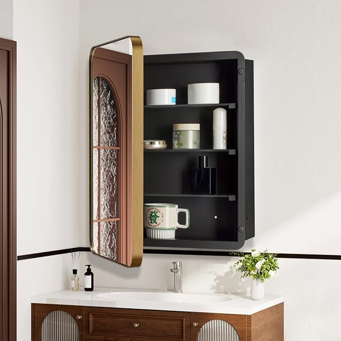 16’’x26’’ Medicine Cabinet,Metal Framed Medicine Cabinet Mirror with Round Corner,Recessed and Surface Mount Bathroom Mirror with Storage, Removeable Shelves,Gold