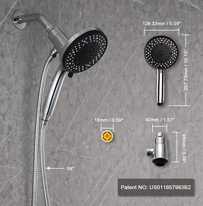Magnetic Shower Head with Handheld Chrome | High Pressure 9-setting Handheld Shower Head, Magnetic Bracket,59 Inches Stainless Steel Shower Hose. (Basic Model, Chorme)