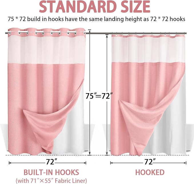 No Hook Shower Curtain with Liner Set Hotel Waffle Curtain Pink 72W X 75L | Washable Snap in Fabric Liner, Mesh Top Window, Waffle Hotel Style Shower Curtain Set