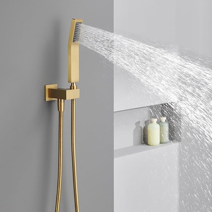Shower System 12 Inches Rain Shower Combo Set Brushed Gold Ceiling Mount Shower Faucet Bathroom Faucets with Rainfall Shower Head and Hand Shower