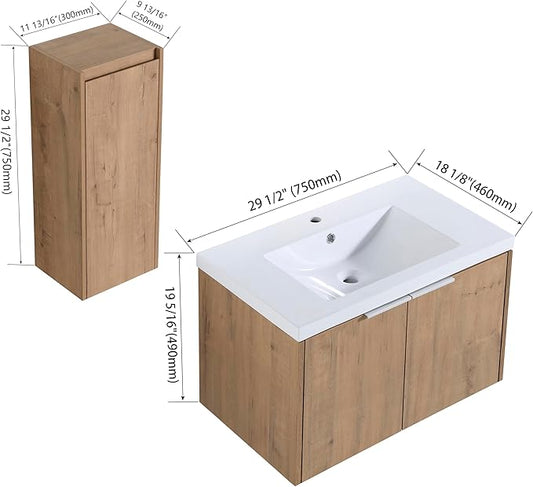 Henf 30" Floating Bathroom Vanity with Sink for Compact Space, Brown Wall Mount Bathroom Vanity Cabinet with Sink Combo, 30 Inch Bathroom Vanities Set with Side Cabinet Floating Cabinet