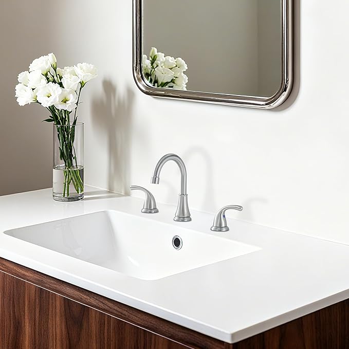 Bathroom Faucet 3 Holes, 8 Inch Widespread Faucet 2 Handle Bathroom Sink Faucets Lead-Free Brushed Nickel Bath Sink Faucets with Pop-up Drain Stopper and Supply Hoses