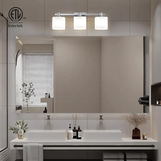 24 Inch Chrome Bathroom Light Fixtures Over Mirror 3 Light Bathroom Vanity Light Silver Modern Industrial Makeup Lighting Wall Sconce Shower Farmhouse Rustic Milk Glass Lamp Above Desk Sink