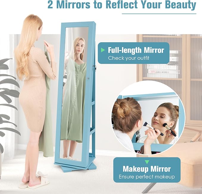 360° Rotating Jewelry Armoire, Freestanding Jewelry Cabinet with Inside Makeup Mirror, 2-in-1 Lockable Jewelry Organizer w/Full-Length Mirror for Women (Sky Blue)