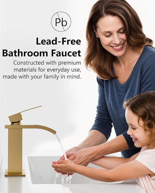 Waterfall Bathroom Faucet 1 Hole, Single Hole Bathroom Faucet, Single Handle Vanity Sink Faucet with Deck Plate, Pop-up Drain & Supply Lines, Gold
