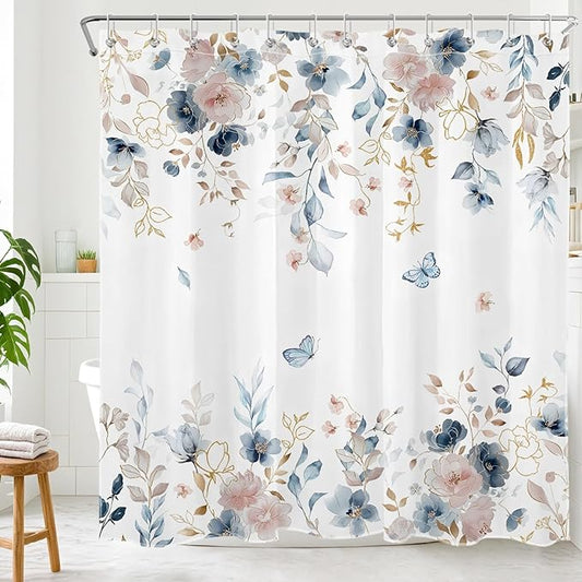 Pink Floral Shower Curtain for Bathroom, Pink and Blue Flower Butterfly Country Nature Fabric Bathroom Curtain Set with Hooks, 72 x 72 Inch