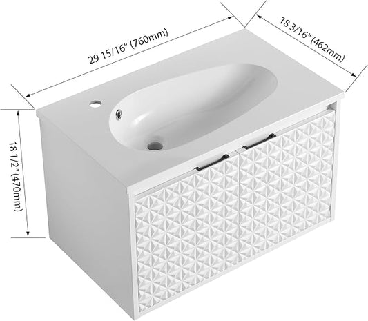 SSLine Modern 30" Floating Bathroom Vanity with Sink Wall Mounted Bathroom Vanity with Top Basin & Storage Cabinet 30-Inch White Star Bath Vanity w/Drop-Shaped Resin Sink for Small Space
