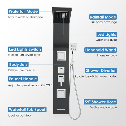 ROVOGO Shower Panel Tower System with Led Lights - Battery Powered, 46.5" | Rainfall Waterfall Shower Head, 2 Body Jets, Handheld and Tub Spout, Stainless Steel Shower Column with Brass Valves, Black