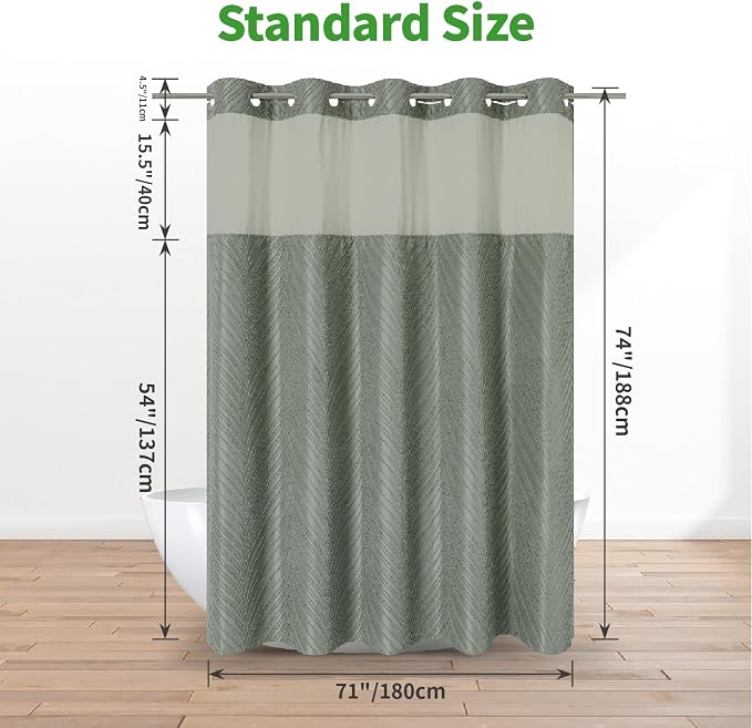 eachope no Hook Shower Curtain and Liner Set,Boho Style with See Through Top Window, SageGreen Fabric Tufted Striped Textured Outer Curtain & Waterproof Inner Liner, SageGreen, 71Wx74H