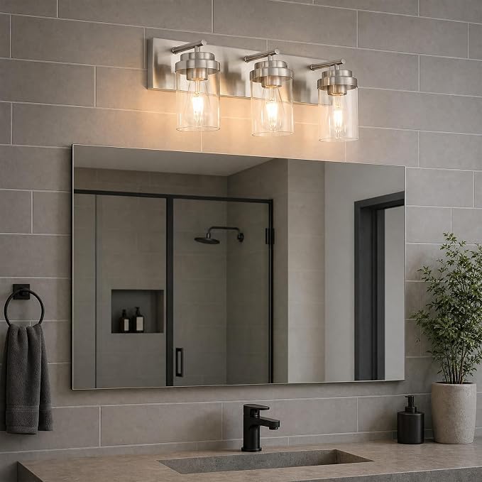 3-Light Bathroom Light Fixtures, Brushed Nickel Vanity Lights | Modern Bathroom Lighting Fixtures Over Mirror, Vanity Lights for Bathroom, Mirror, Restroom, Bedroom, E26