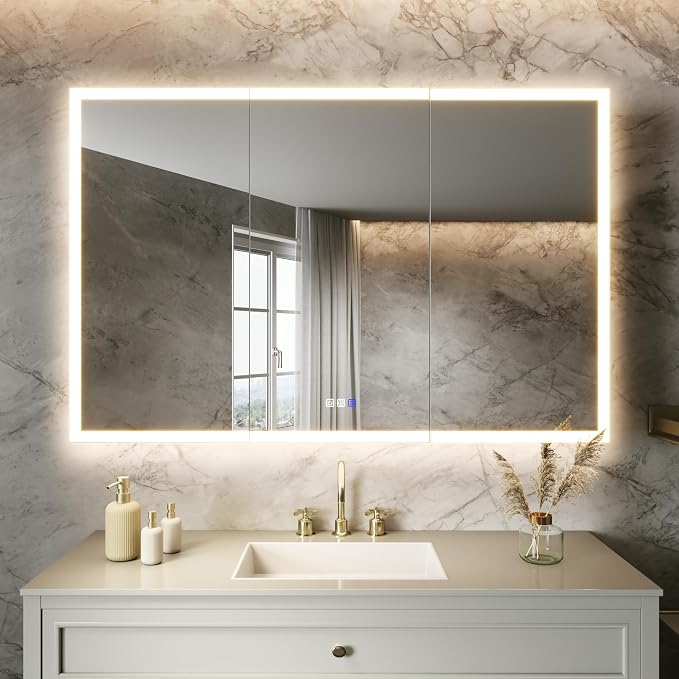 48x32 Lighted Medicine Cabinet, Separate Front & Back Lights | Surface/Recessed LED Medicine Cabinet for Bathroom with Side Mirrors, Dimmable Light, Anti-Fog, Memory,Silver Aluminum Frame