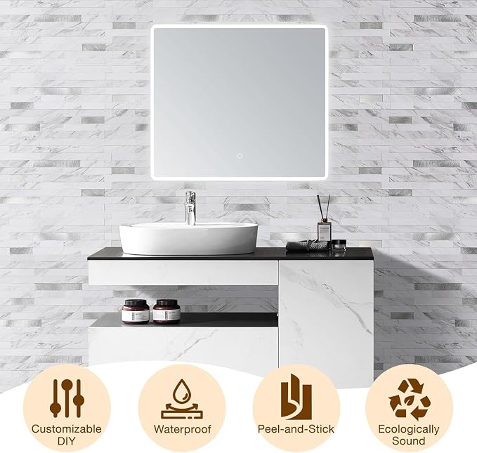 Peel and Stick Backsplash Tile Waterproof Removable PVC Wall Sticker 3D Faux Stone Marble Brick White Accent Panels (White Marble - Metal Silver, 40 Tiles - 18 sq. ft. (1.68 m²))