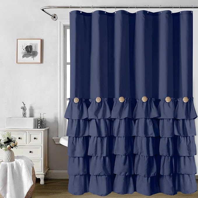 Seasonwood Navy Blue Ruffle Shower Curtain Farmhouse Shower Curtain 72 X 84 | Natural button accents, layered fabric tiers, shabby chic and French country styling for decorative bathroom updates