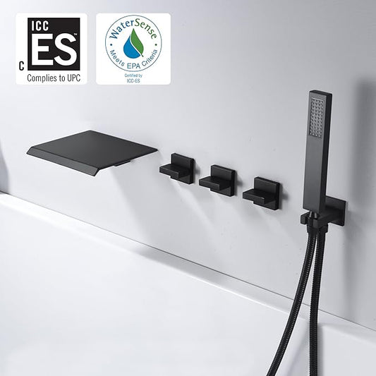 Wall Mount Waterfall Tub Filler Faucet with Hand Shower High Flow Matte Black Bathtub Faucet,SUMERAIN