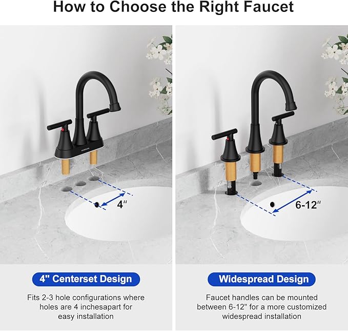 Bathroom Faucet 3 Hole, Matte Black Faucets with Drain and Supply Lines | Hurran Stainless Steel Lead-Free Widespread Bathroom Sink Faucet for Vanity RV Restroom Laundry Outdoor Camper, 2 Pack