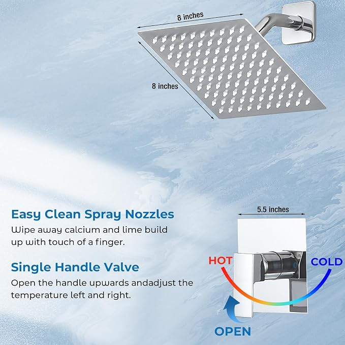 8" Square Rainfall Shower Faucet Set with Tub Spout, Brushed Nickel | Wall Mounted, Single Handle, Rough-in Valve, 1/2" NPT, Air Pressure Boost
