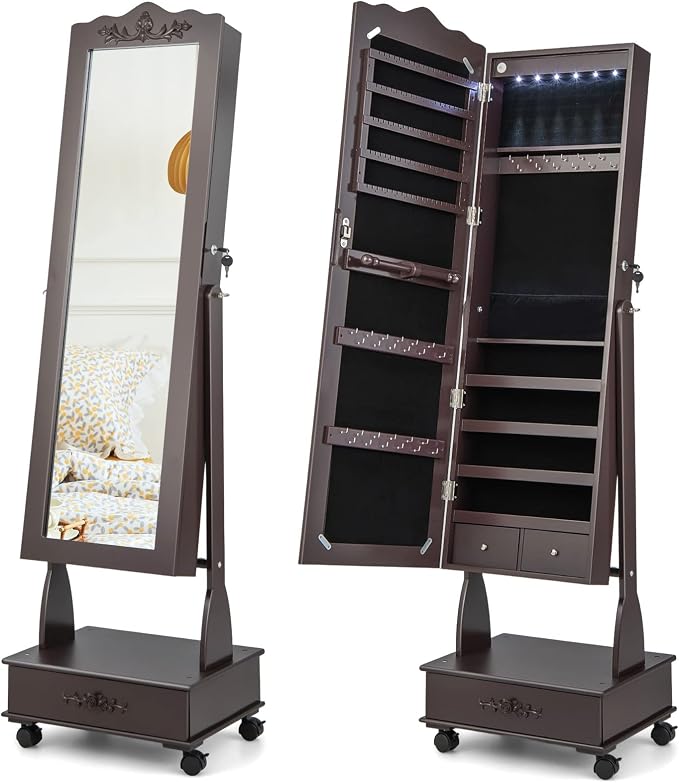 CHARMAID Rolling Jewelry Armoire with Full Length Mirror, Lockable Stand up Jewelry Cabinet with Lights and Wheels, Standing Jewelry Organizer with Drawers, Mirror with Jewelry Storage (Espresso)