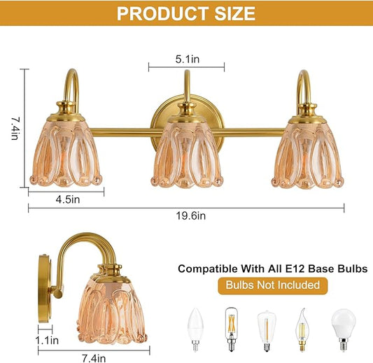 Bathroom Light Fixtures (3-Light), Vintage Brushed Gold Vanity Lights for Bathroom with Amber Tulip Crystal Glass Shade, Vanity Wall Light Over Mirror for Bedroom Living Room Hallway