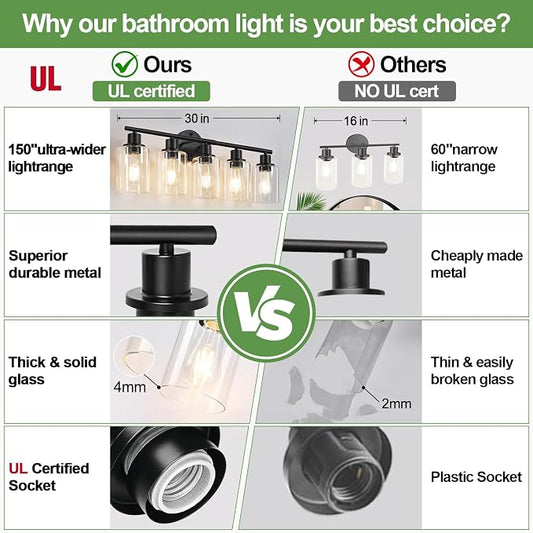 Zarbitta 5-Light Bathroom Light Fixtures, Black Modern Vanity Lights with Clear Glass Shade, Bathroom Wall Lamp for Mirror Kitchen Living Room Hallway Cabinet Porch