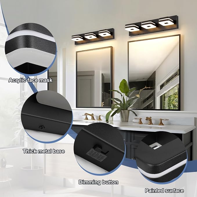 Modern Bathroom Vanity Lights, 3-Light Dimmable LED Wall Sconce, Matte Black Vanity Light for Mirror, 5CCT Adjustable Vintage Bathroom Lighting Fixtures Over Sink