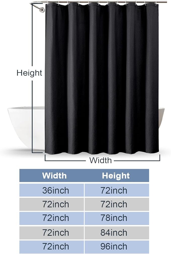 Black Shower Curtain for Bathroom 72x72 Inch, 3D Embossed Textured Waffle Fabric Shower Curtains, Soft Hotel Farmhouse Style, Water Repellent, Machine Washable, Black, 72" W x 72" L