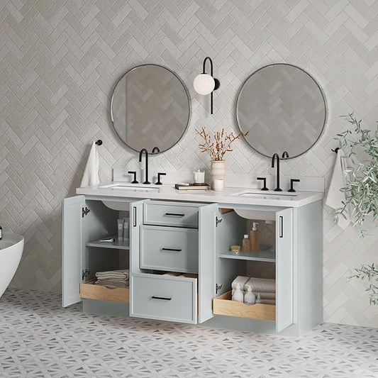 ARIEL Kelly 66-inch Bathroom Vanity with Sink,Solid Wood, 1.5-inch Pure White Quartz Countertop & Backsplash, Double Rectangular Porcelain Sink, 4 Soft Closing Doors, 5 Dovetail Drawers, Grey