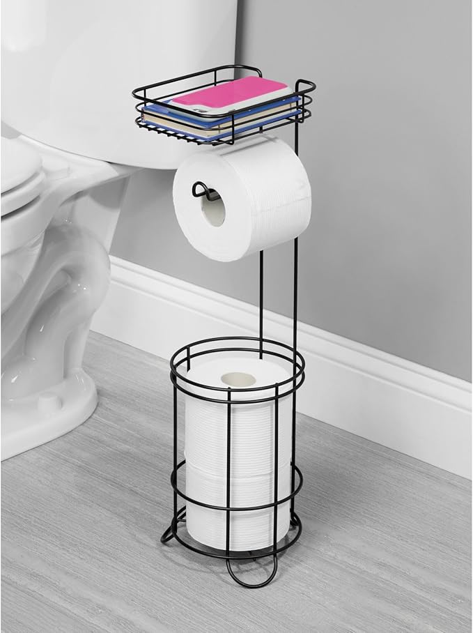 iDesign Weston Toilet Paper Holder Stand with Shelf, Matte Black