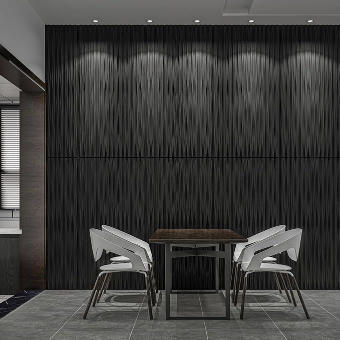 Art3d 46.2 SF Large 3D Wall Panels for Interior Décor, PVC Textured Wavy Wall Panels for Living Room, Bedroom and Office, Pack of 6 (47.2"×23.6"), Black