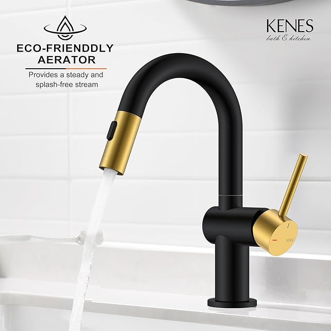 Black & Gold Pull Down Bathroom Faucet 1 Hole, 1 Handle Vanity Faucet | Bathroom Sink Faucet with Pop Up Drain & 6 Inch Deck Plate, Lead-Free cUPC & NSF Certified, 1 Hole Faucet for Vanity RV Bar