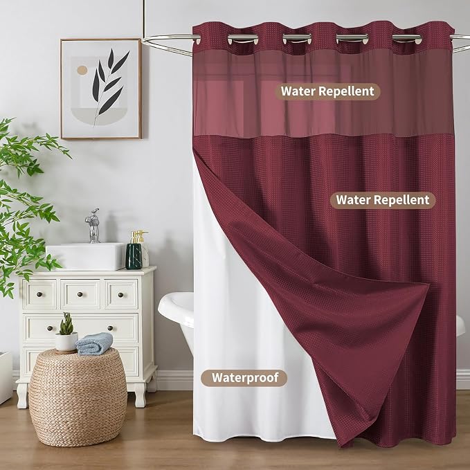 Colorful Star Waffle Weave No Hook Shower Curtain, 72 x 75 Inch, Burgundy | Waterproof Shower Curtain with Snap in Fabric Liner and Mesh Top Window, Hotel Style Heavy Duty Thick Bathroom Curtain