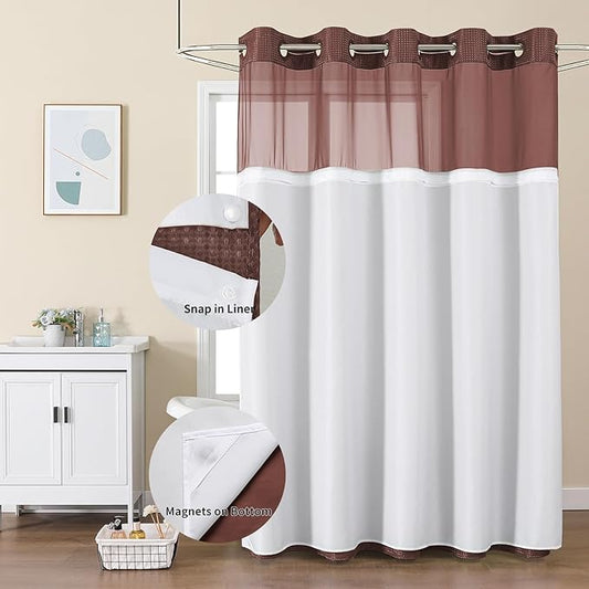 Colorful Star Waffle Weave No Hook Shower Curtain Set, 72 x 75 Inch, Brown | Waterproof Shower Curtain with Snap in Fabric Liner and Mesh Top Window, Hotel Style Heavy Duty Thick Bathroom Curtain