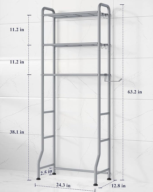 Kitsure Over Toilet Storage Rack, 63.2" H Space-Saving, Holder & Hooks | Bathroom, Laundry Room, Small Spaces, Families, Durable Metal, Grey, 3 Tier