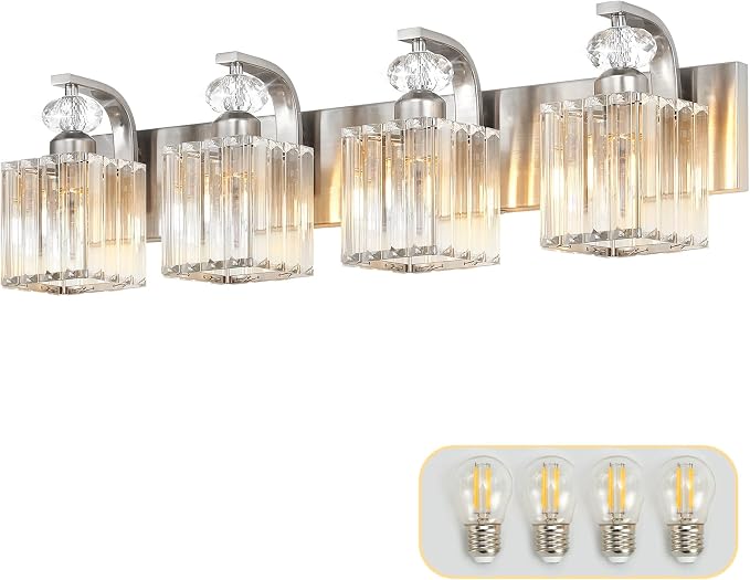 4-Light Bathroom Vanity Light Fixtures Over Mirror, Crystal Sconce | 28.4-inch Nickel Modern Wall Light for Bedroom Vanity Living Room Hallway, Ceramic E26 Lamp sockets, Includes 4 LED Bulbs
