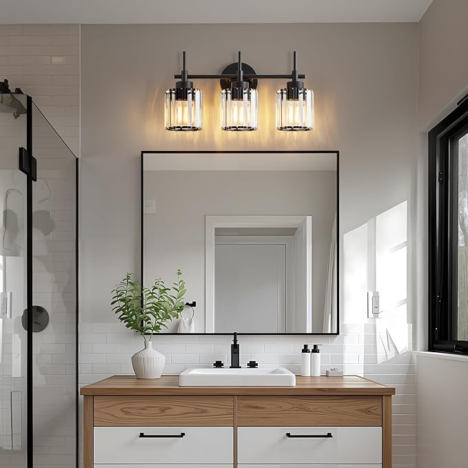 EJIAXIN 3 Light Black Crystal Vanity Light, Modern Bathroom Vanity Light Over Mirror, Up and Down Mount Wall Sconce Lighting for Bathroom Bedroom Living Room Hallway