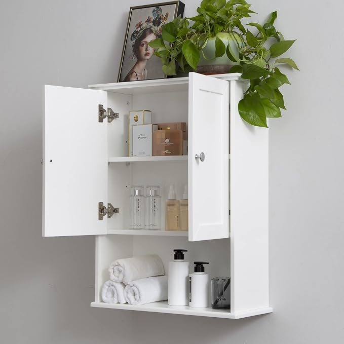 VANIRROR White Bathroom Wall Mounted Cabinet Wooden Over the Toilet Storage | Above Toilet Medicine Cabinets with 2 Door & Adjustable Shelf for Kitchen, Laundry Room, Entryway,Durable MDF Construction