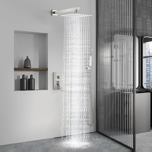 Aolemi Shower Faucet Set with Handheld Brushed Nickel 10 Inch Head | Pressure Balance Shower Valve and Trim Kit,SUS304 Rain Head and Handle System,All Metal,Wall Mount,Bathroom,Handheld Spray